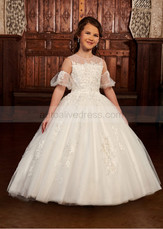 Beaded Ivory Lace Tulle Flower Girl Dress With Detachable Sleeves